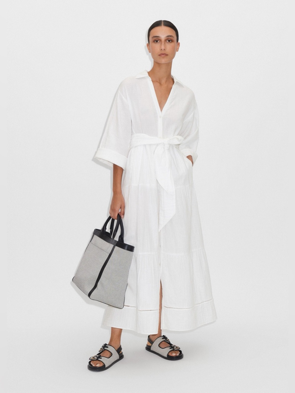 ME+EM Cheesecloth Button Front Belted Maxi Shirt Dress